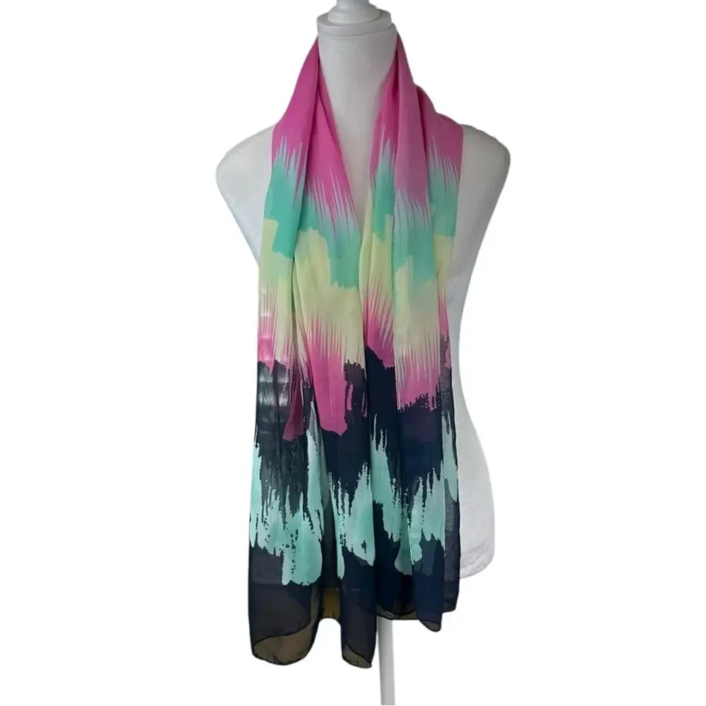 Liang Dian Silk Blend Scarf 19 X 61 Pink yellow Green Black